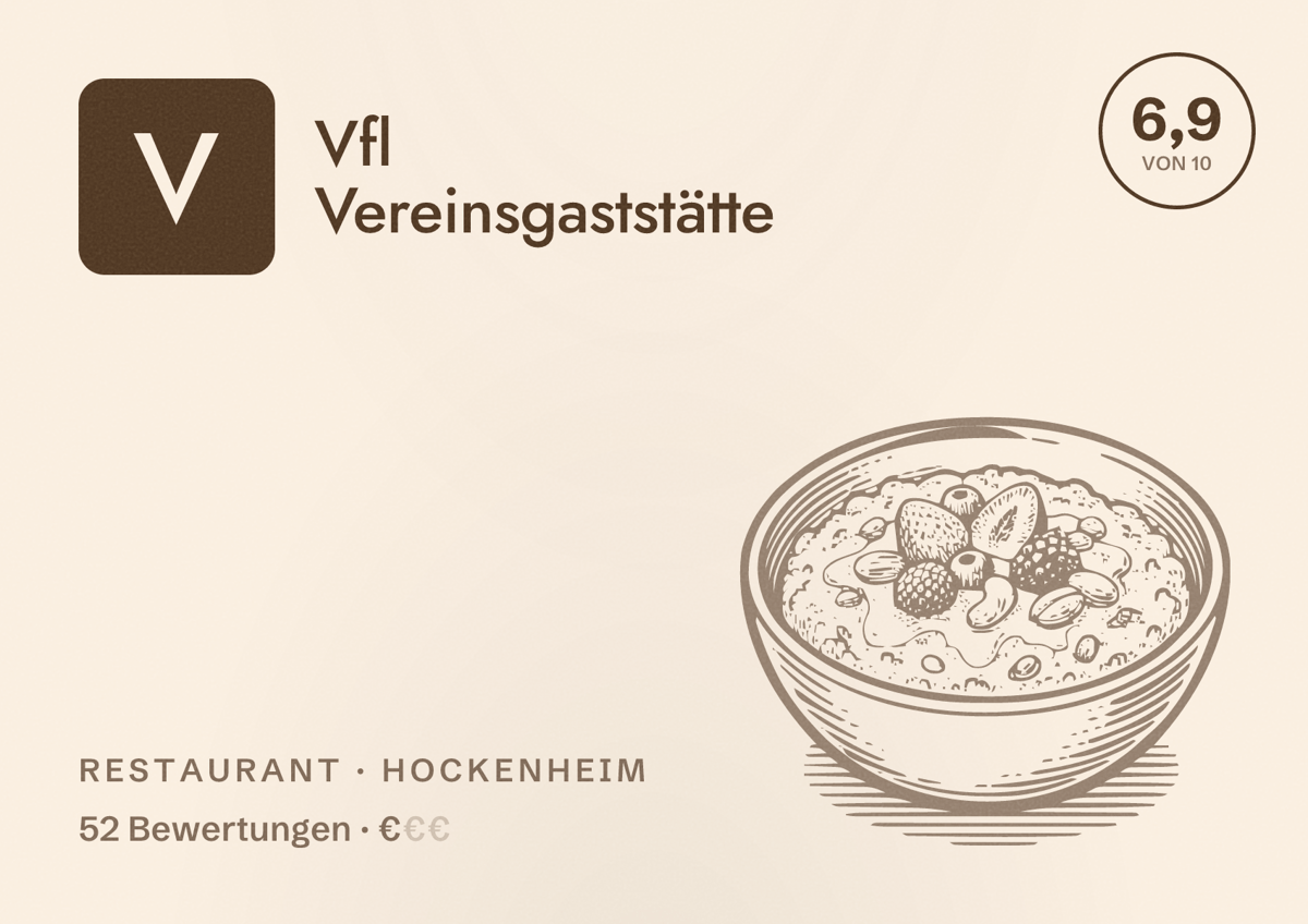 Illustriertes Poster von Vfl Vereinsgaststätte, Restaurant in Hockenheim: Bewertung 6,9 von 10 aus 52 Bewertungen, Preisniveau €