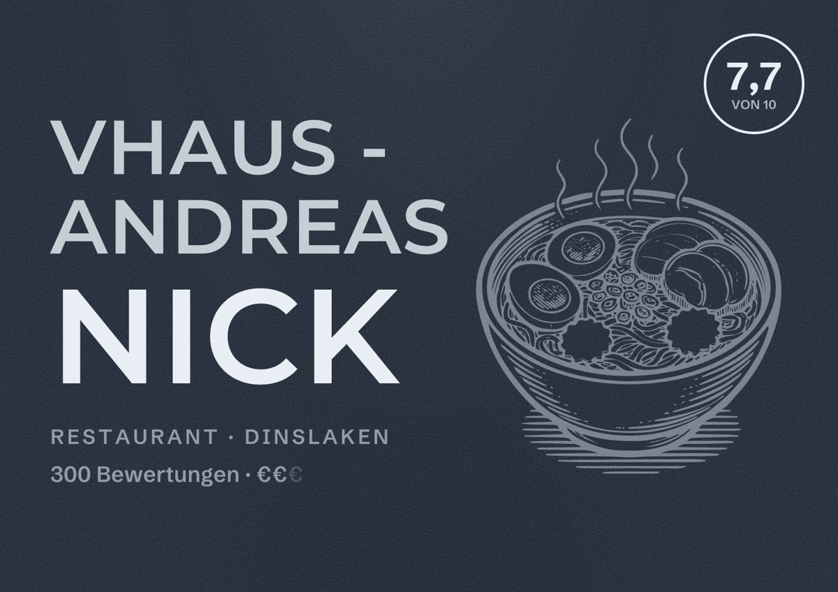 Illustriertes Poster von VHaus - Andreas Nick, Restaurant in Dinslaken: Bewertung 7,7 von 10 aus 300 Bewertungen, Preisniveau €€