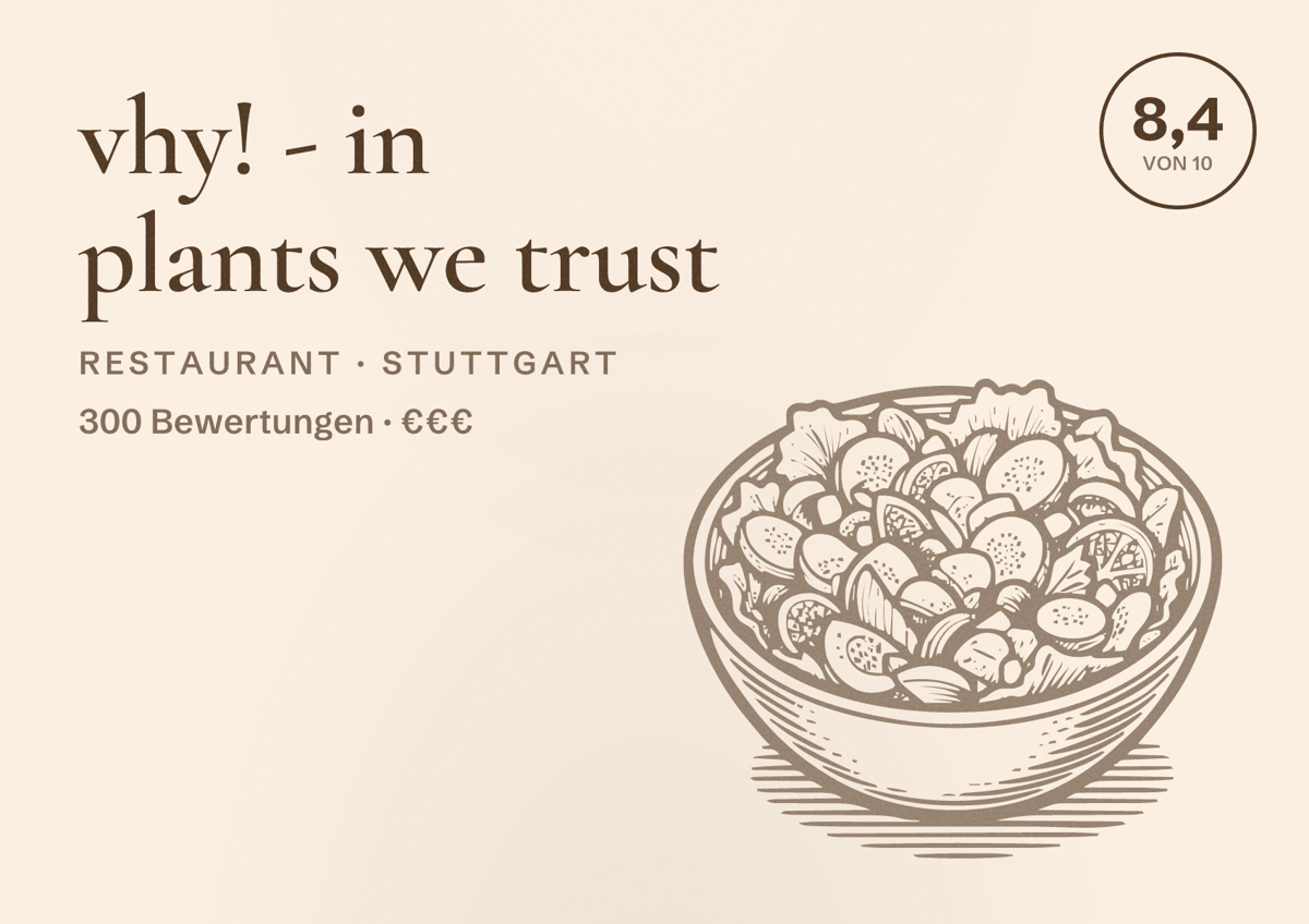 Illustriertes Poster von vhy! - in plants we trust, Restaurant in Stuttgart: Bewertung 8,4 von 10 aus 300 Bewertungen, Preisniveau €€€