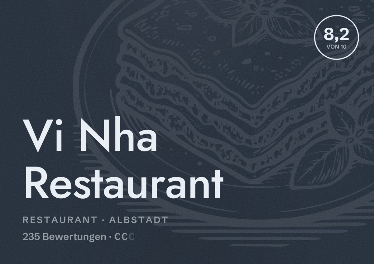 Illustriertes Poster von Vi Nha Restaurant, Restaurant in Albstadt: Bewertung 8,2 von 10 aus 235 Bewertungen, Preisniveau €€