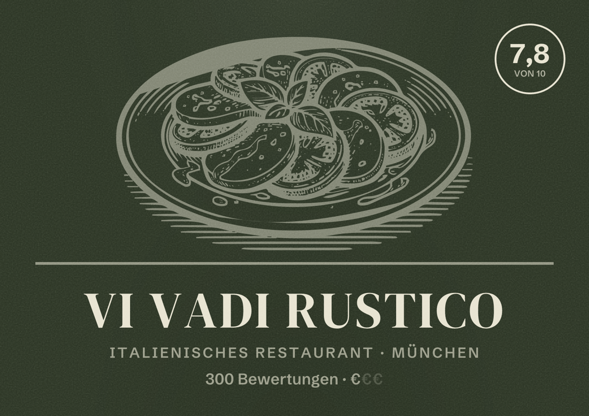 Illustriertes Poster von vi vadi RUSTICO, Italienisches Restaurant in München: Bewertung 7,8 von 10 aus 300 Bewertungen, Preisniveau €