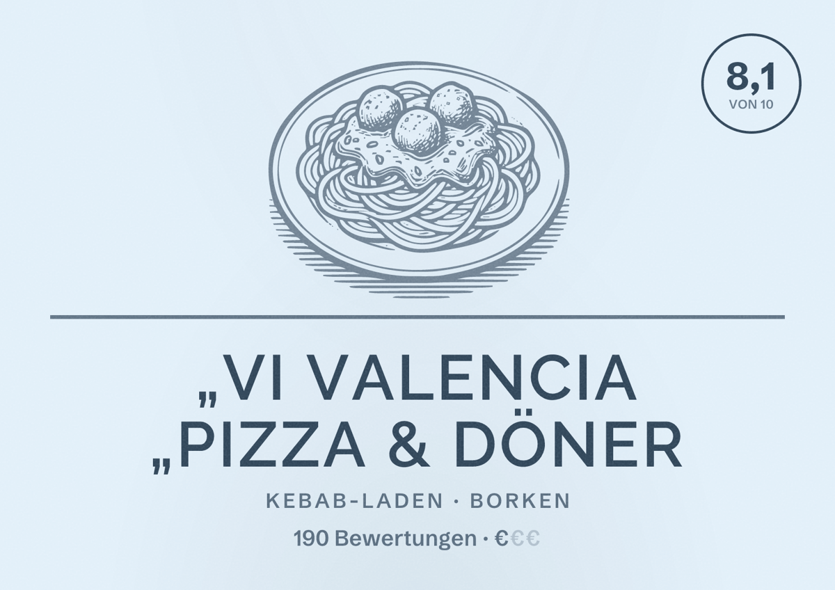 Illustriertes Poster von „Vi Valencia „Pizza & Döner, Kebab-Laden in Borken: Bewertung 8,1 von 10 aus 190 Bewertungen, Preisniveau €