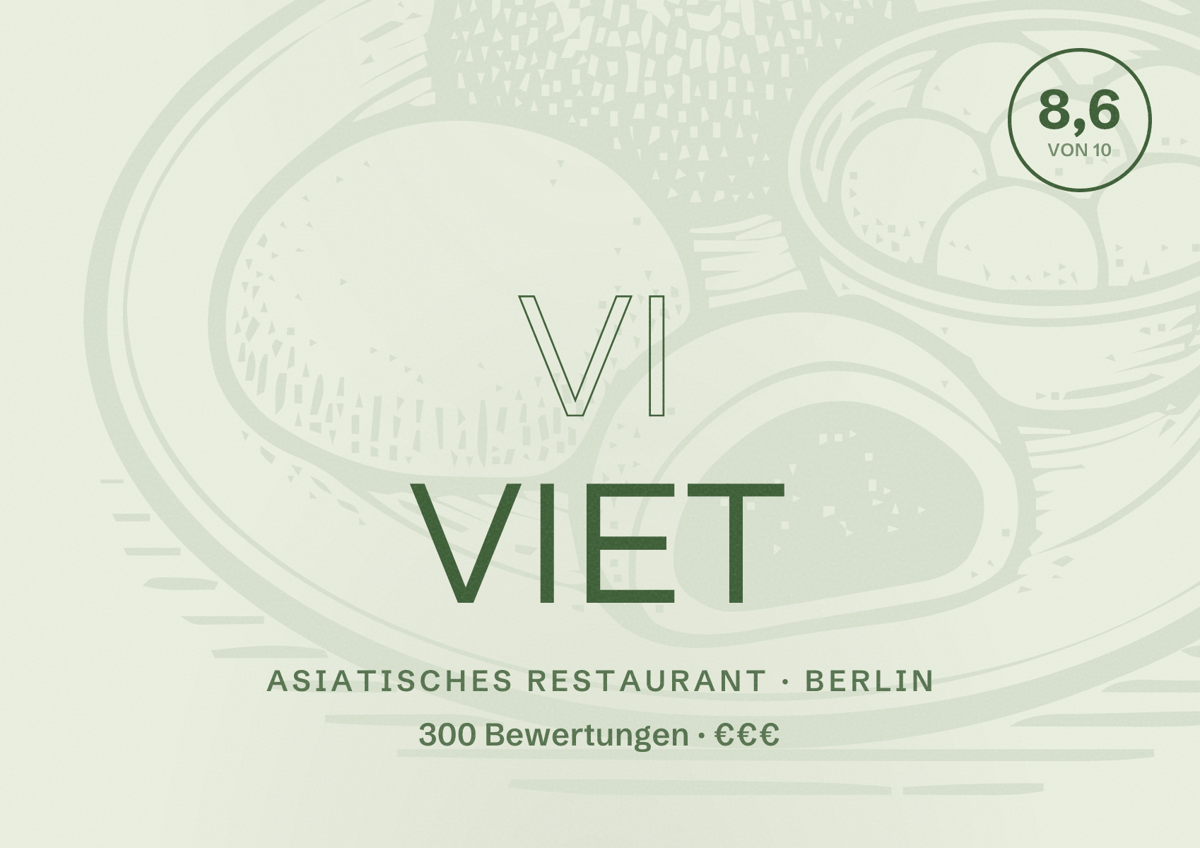 Illustriertes Poster von Vi Viet, Asiatisches Restaurant in Berlin: Bewertung 8,6 von 10 aus 300 Bewertungen, Preisniveau €€€