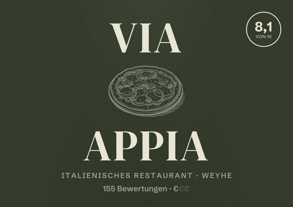 Illustriertes Poster von Via Appia, Italienisches Restaurant in Weyhe: Bewertung 8,1 von 10 aus 155 Bewertungen, Preisniveau €