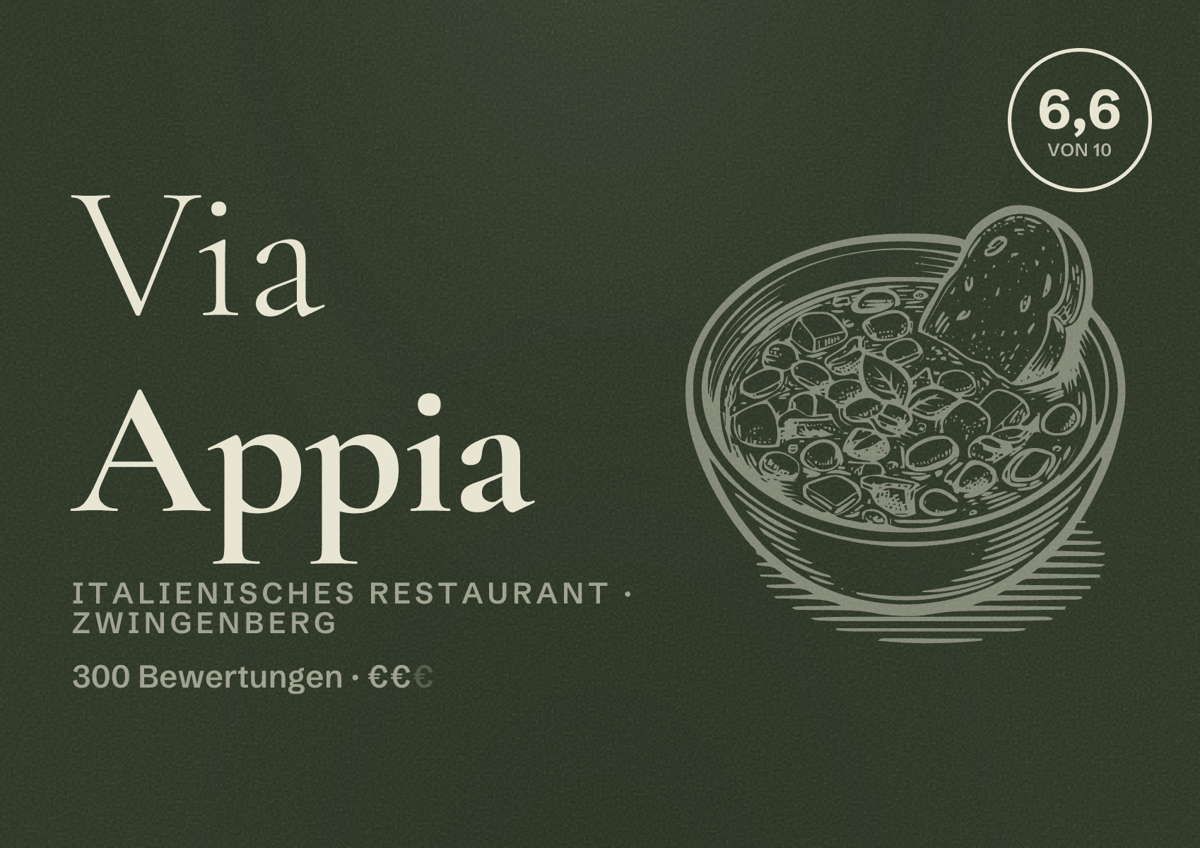 Illustriertes Poster von Via Appia, Italienisches Restaurant in Zwingenberg: Bewertung 6,6 von 10 aus 300 Bewertungen, Preisniveau €€