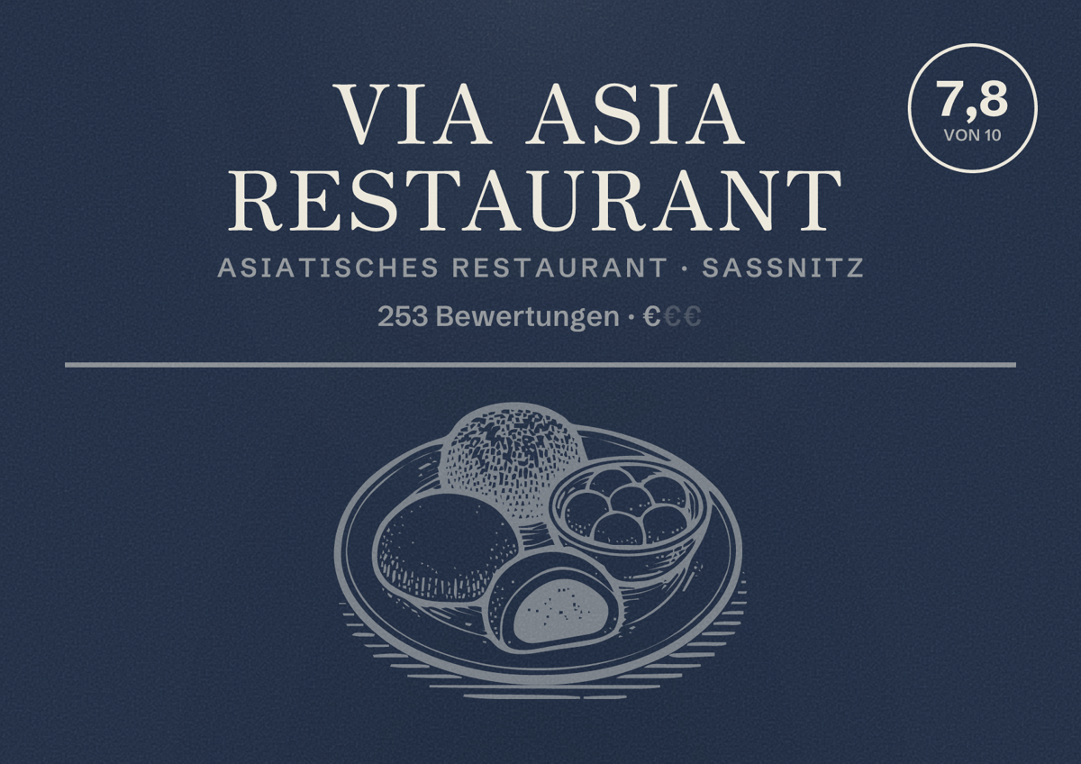 Illustriertes Poster von ViA Asia Restaurant, Asiatisches Restaurant in Sassnitz: Bewertung 7,8 von 10 aus 253 Bewertungen, Preisniveau €