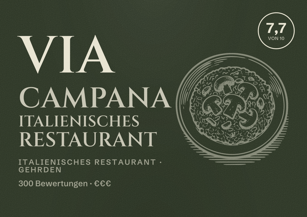 Illustriertes Poster von Via Campana Italienisches Restaurant, Italienisches Restaurant in Gehrden: Bewertung 7,7 von 10 aus 300 Bewertungen, Preisniveau €€€