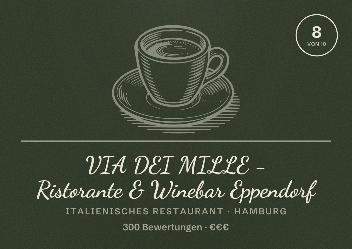 Illustriertes Poster von VIA DEI MILLE - Ristorante & Winebar Eppendorf, Italienisches Restaurant in Hamburg: Bewertung 8,0 von 10 aus 300 Bewertungen, Preisniveau €€€