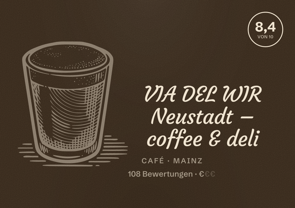 Illustriertes Poster von VIA DEL WIR Neustadt – coffee & deli, Café in Mainz: Bewertung 8,4 von 10 aus 108 Bewertungen, Preisniveau €
