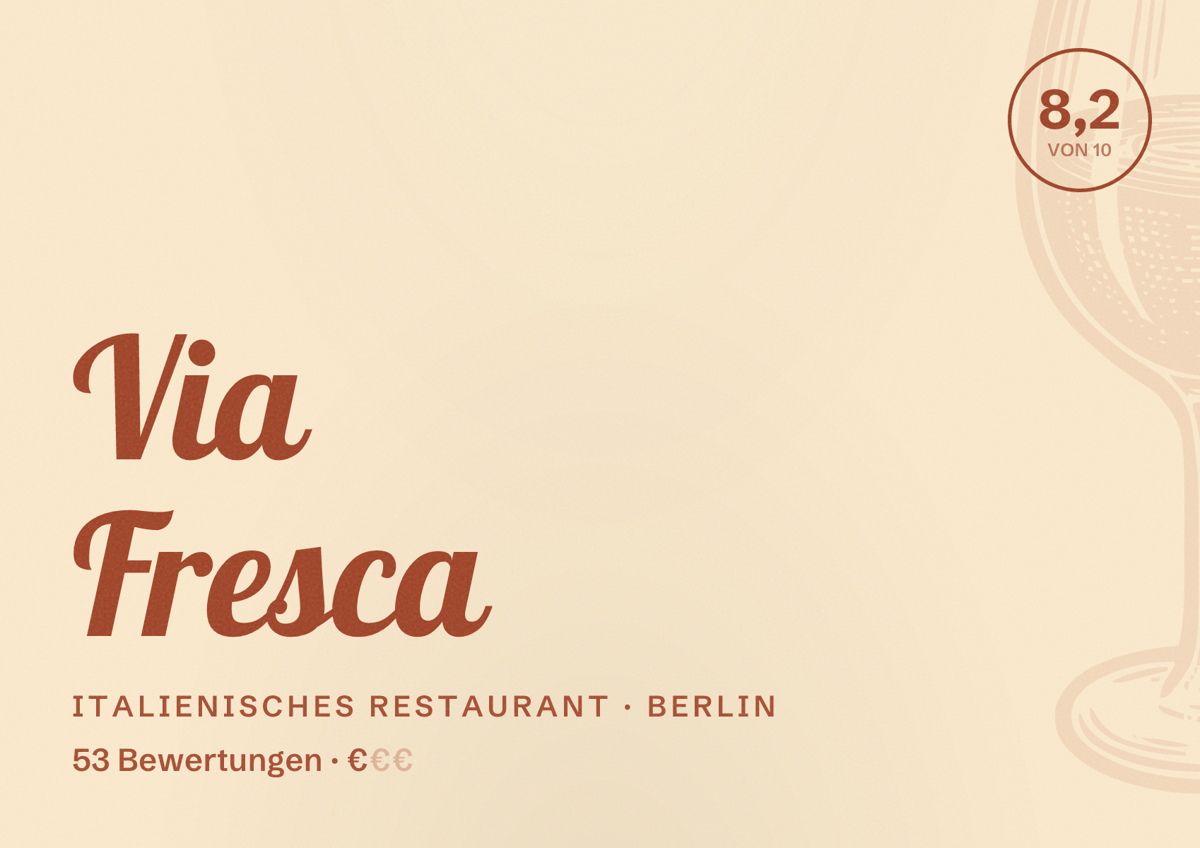 Illustriertes Poster von Via Fresca, Italienisches Restaurant in Berlin: Bewertung 8,2 von 10 aus 53 Bewertungen, Preisniveau €
