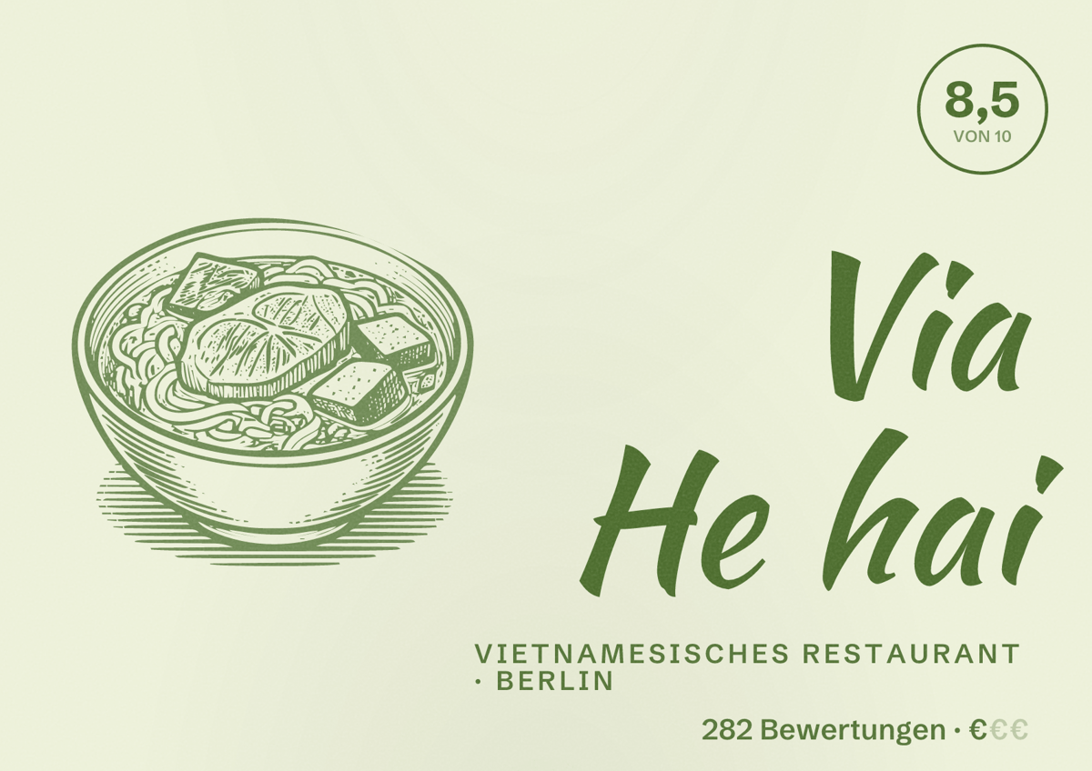Illustriertes Poster von Via He hai, Vietnamesisches Restaurant in Berlin: Bewertung 8,5 von 10 aus 282 Bewertungen, Preisniveau €