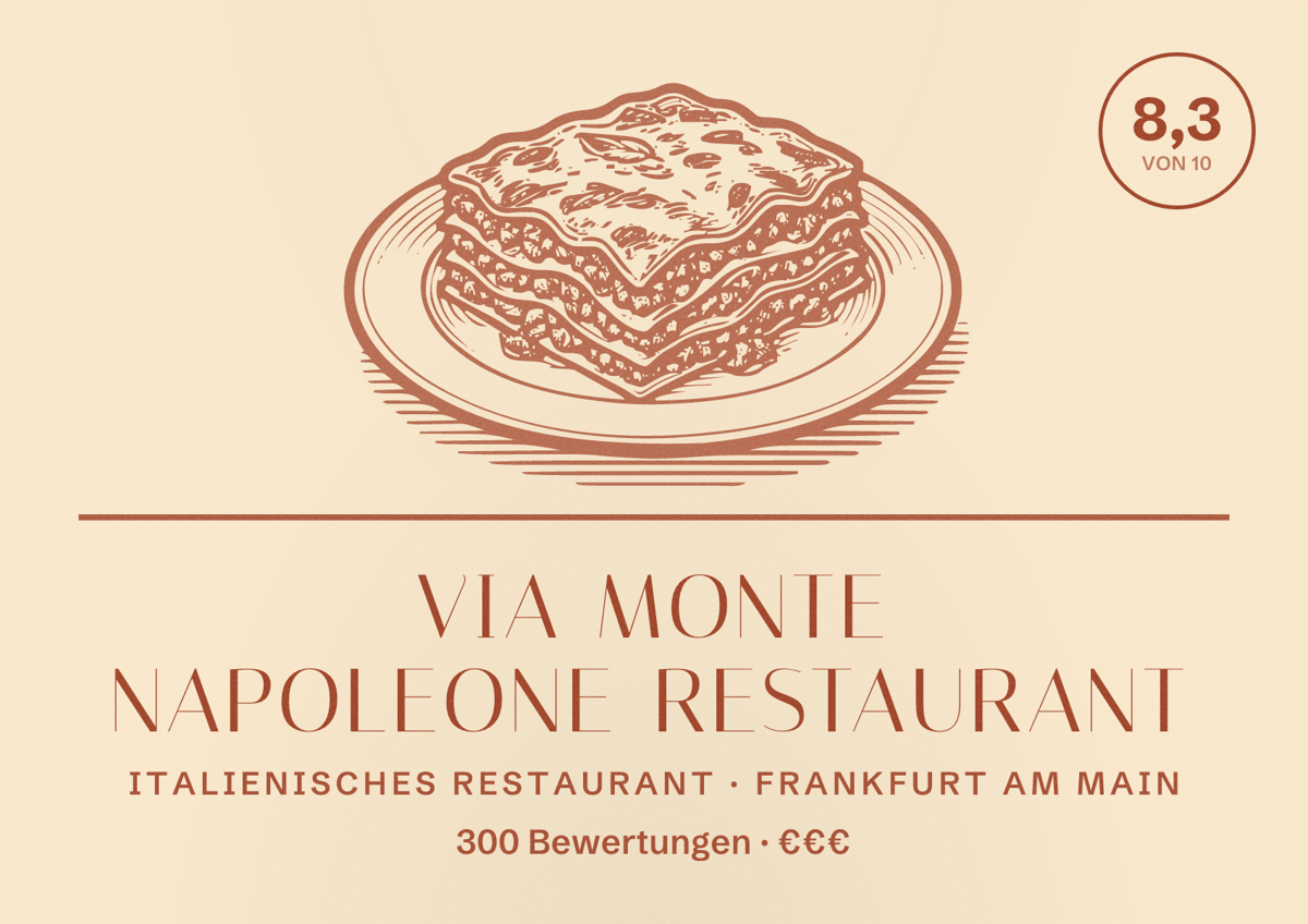 Illustriertes Poster von Via Monte Napoleone Restaurant, Italienisches Restaurant in Frankfurt am Main: Bewertung 8,3 von 10 aus 300 Bewertungen, Preisniveau €€€