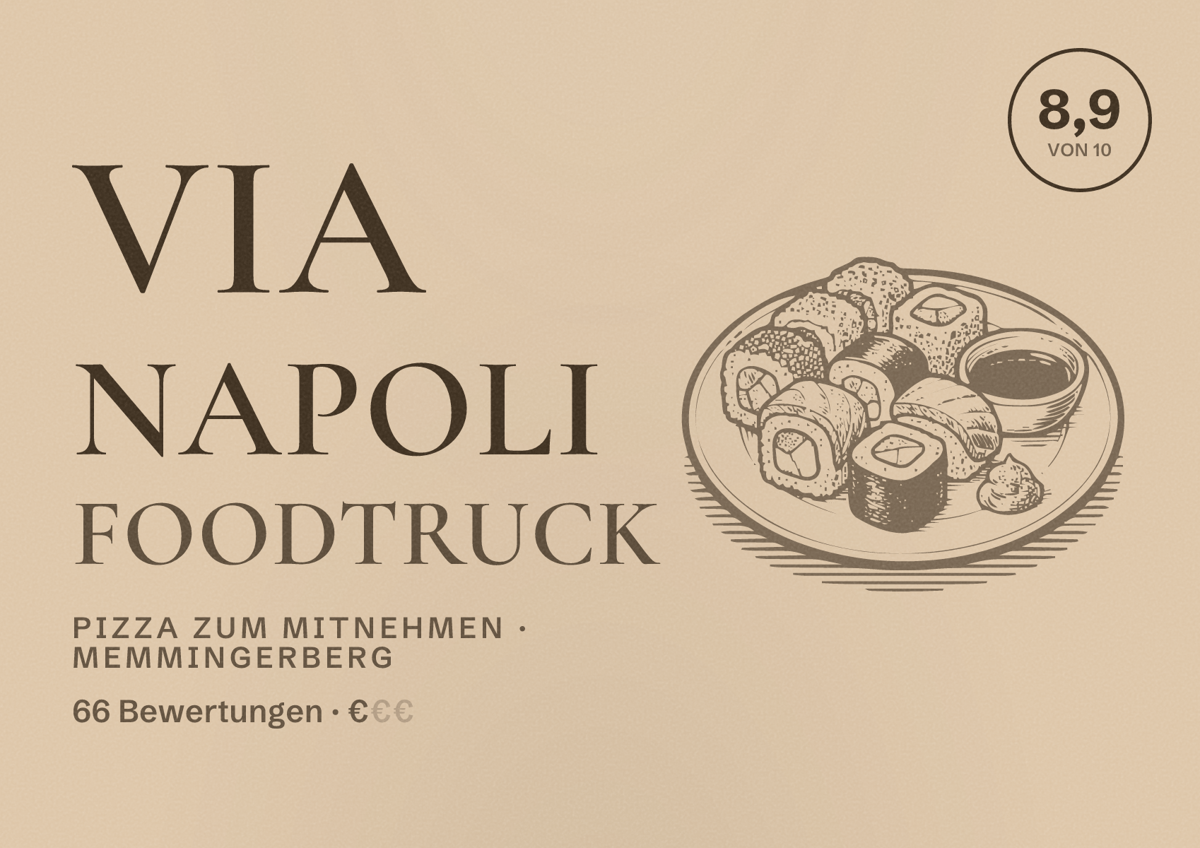Illustriertes Poster von Via Napoli Foodtruck, Pizza zum Mitnehmen in Memmingerberg: Bewertung 8,9 von 10 aus 66 Bewertungen, Preisniveau €