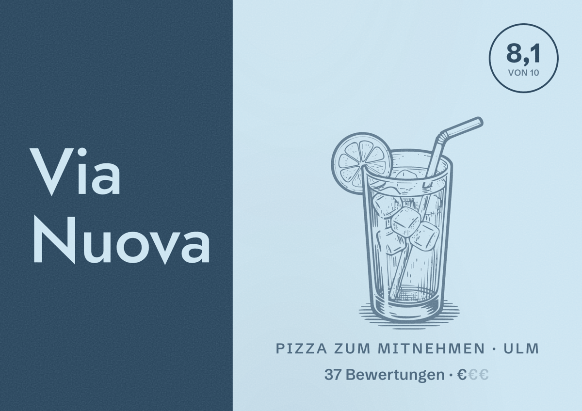 Illustriertes Poster von Via Nuova, Pizza zum Mitnehmen in Ulm: Bewertung 8,1 von 10 aus 37 Bewertungen, Preisniveau €