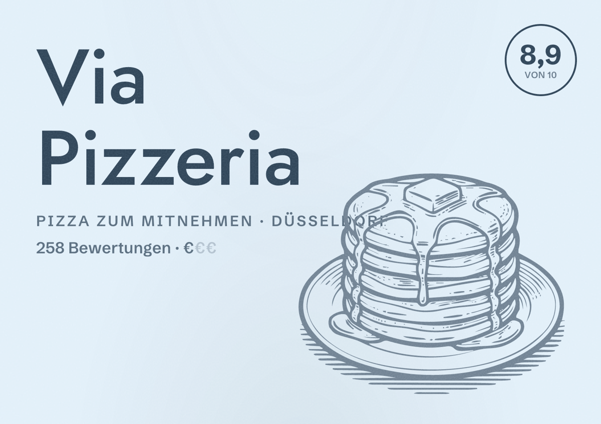 Illustriertes Poster von Via Pizzeria, Pizza zum Mitnehmen in Düsseldorf: Bewertung 8,9 von 10 aus 258 Bewertungen, Preisniveau €