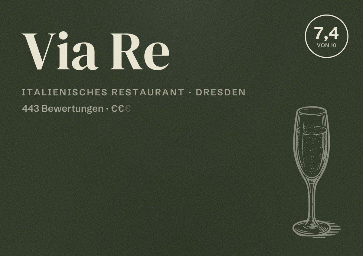 Illustriertes Poster von Via Re, Italienisches Restaurant in Dresden: Bewertung 7,4 von 10 aus 443 Bewertungen, Preisniveau €€