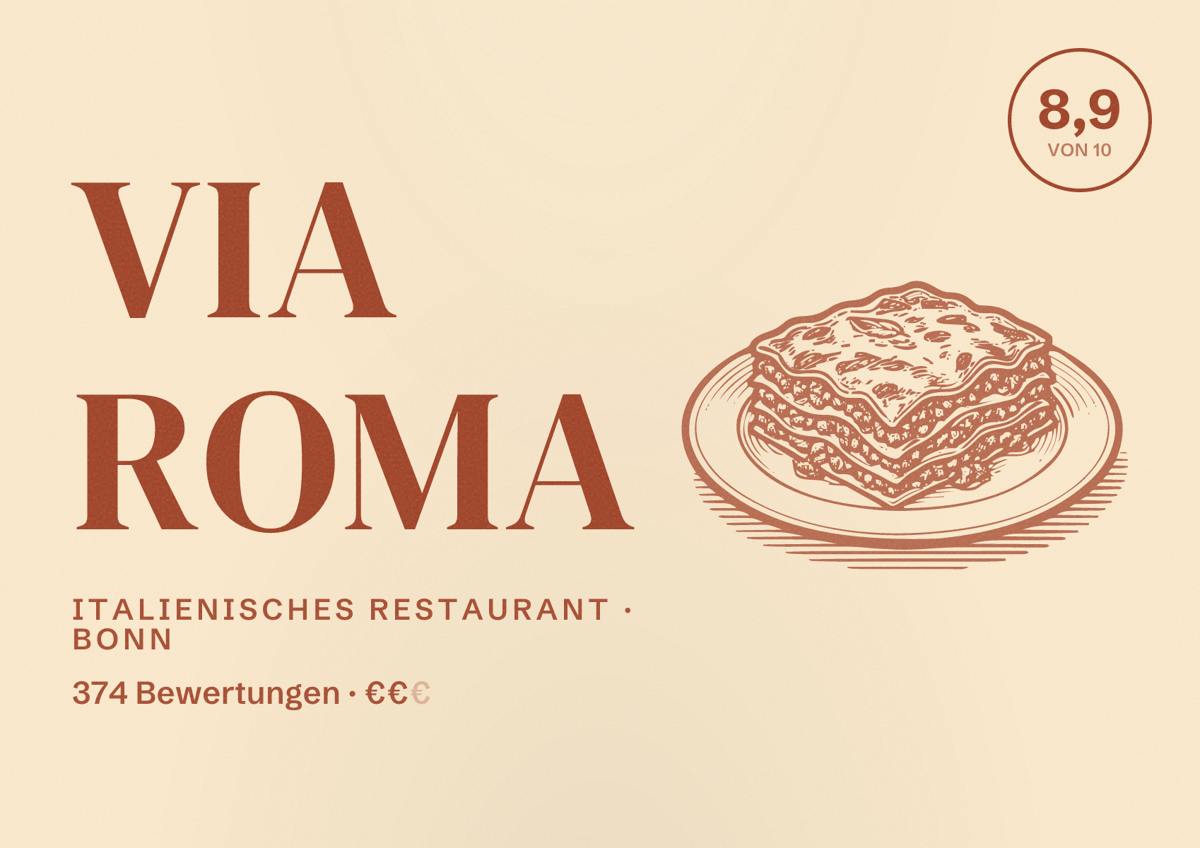 Illustriertes Poster von Via Roma, Italienisches Restaurant in Bonn: Bewertung 8,9 von 10 aus 374 Bewertungen, Preisniveau €€