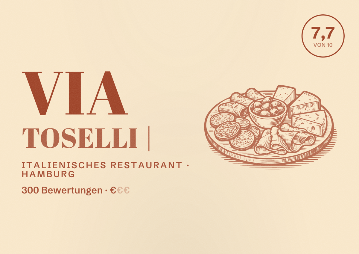 Illustriertes Poster von Via Toselli |, Italienisches Restaurant in Hamburg: Bewertung 7,7 von 10 aus 300 Bewertungen, Preisniveau €
