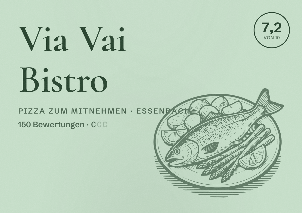 Illustriertes Poster von Via Vai Bistro, Pizza zum Mitnehmen in Essenbach: Bewertung 7,2 von 10 aus 150 Bewertungen, Preisniveau €