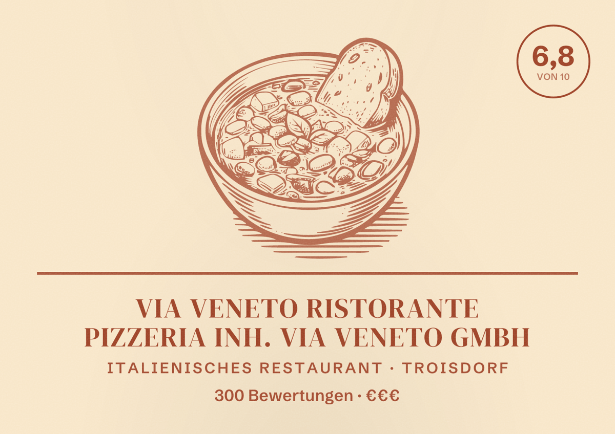 Illustriertes Poster von Via Veneto Ristorante Pizzeria Inh. Via Veneto GmbH, Italienisches Restaurant in Troisdorf: Bewertung 6,8 von 10 aus 300 Bewertungen, Preisniveau €€€