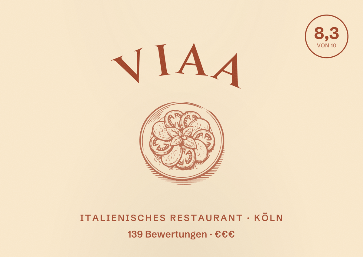 Illustriertes Poster von Viaa, Italienisches Restaurant in Köln: Bewertung 8,3 von 10 aus 139 Bewertungen, Preisniveau €€€
