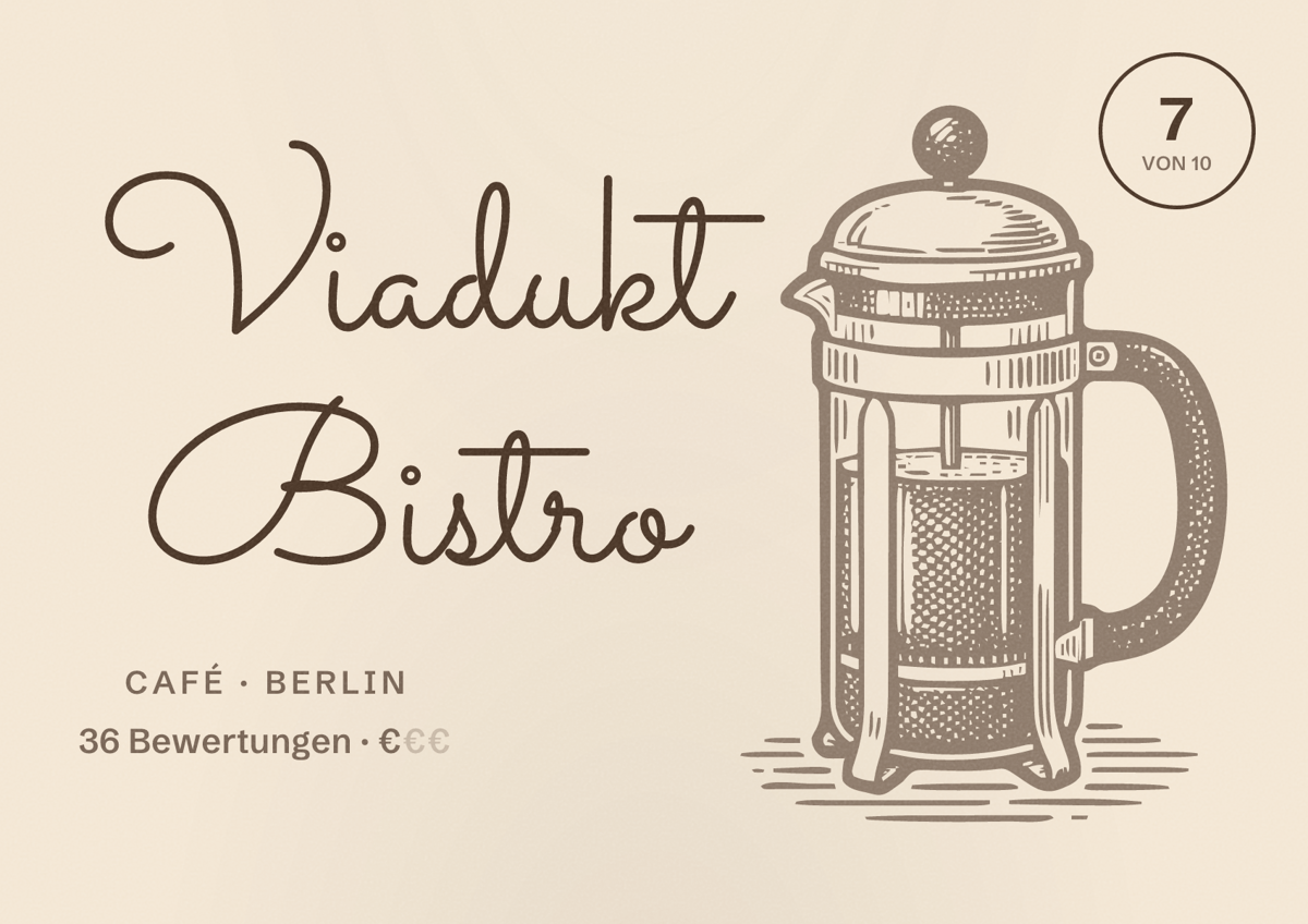 Illustriertes Poster von Viadukt Bistro, Café in Berlin: Bewertung 7 von 10 aus 36 Bewertungen, Preisniveau €