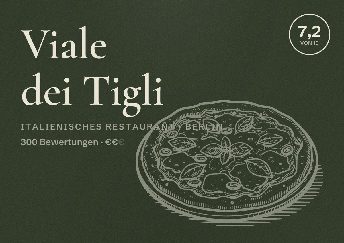 Illustriertes Poster von Viale dei Tigli, Italienisches Restaurant in Berlin: Bewertung 7,2 von 10 aus 300 Bewertungen, Preisniveau €€