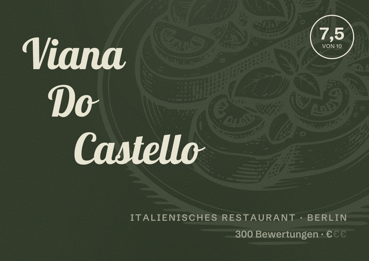 Illustriertes Poster von Viana Do Castello, Italienisches Restaurant in Berlin: Bewertung 7,5 von 10 aus 300 Bewertungen, Preisniveau €