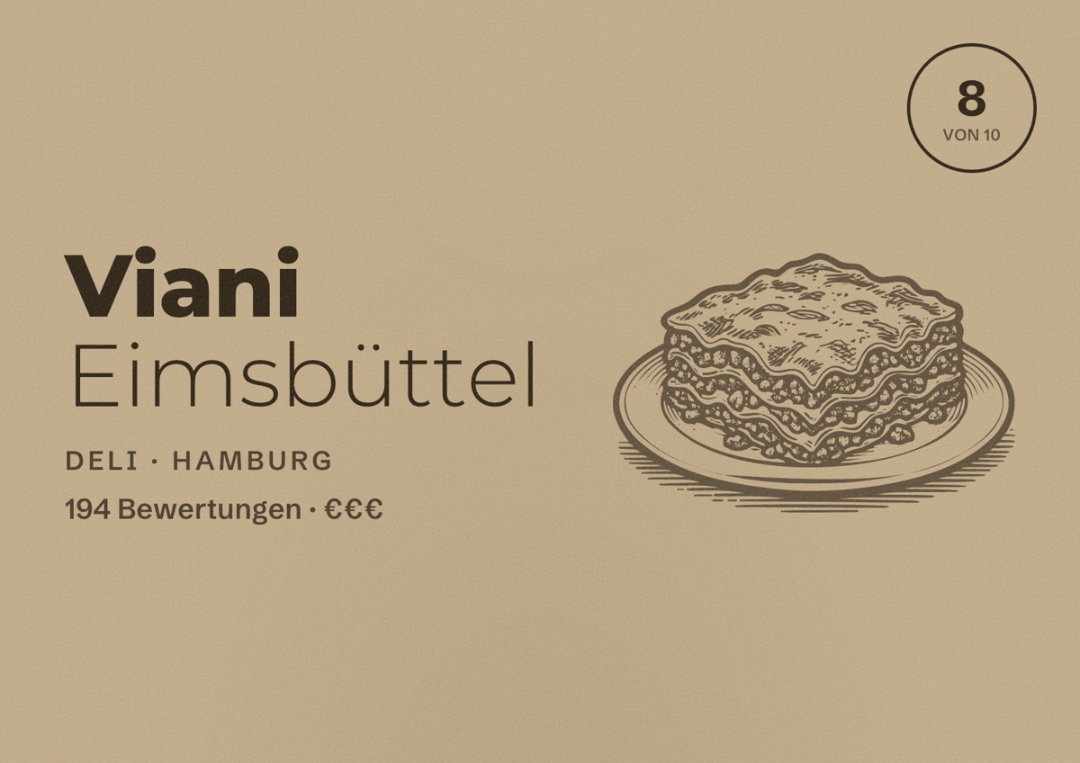 Illustriertes Poster von Viani Eimsbüttel, Deli in Hamburg: Bewertung 8 von 10 aus 194 Bewertungen, Preisniveau €€€