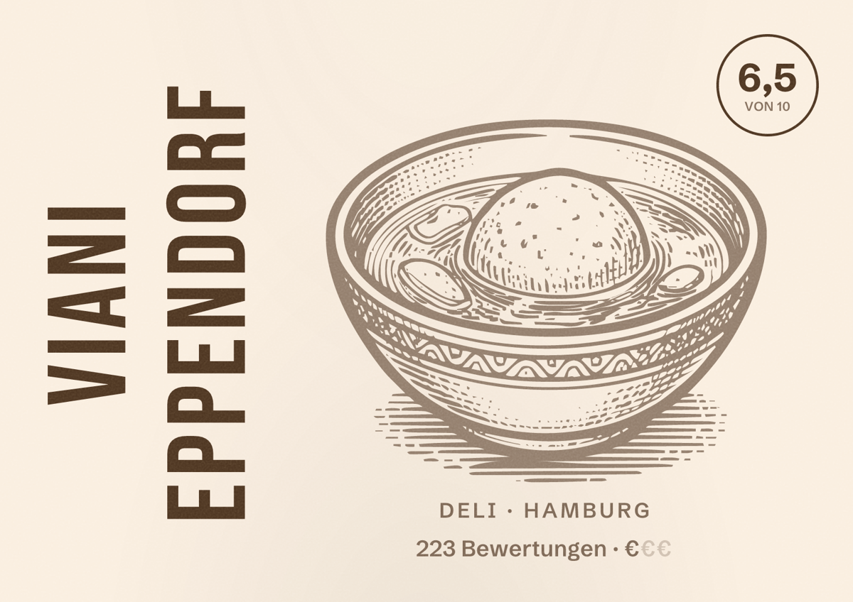 Illustriertes Poster von Viani Eppendorf, Deli in Hamburg: Bewertung 6,5 von 10 aus 223 Bewertungen, Preisniveau €