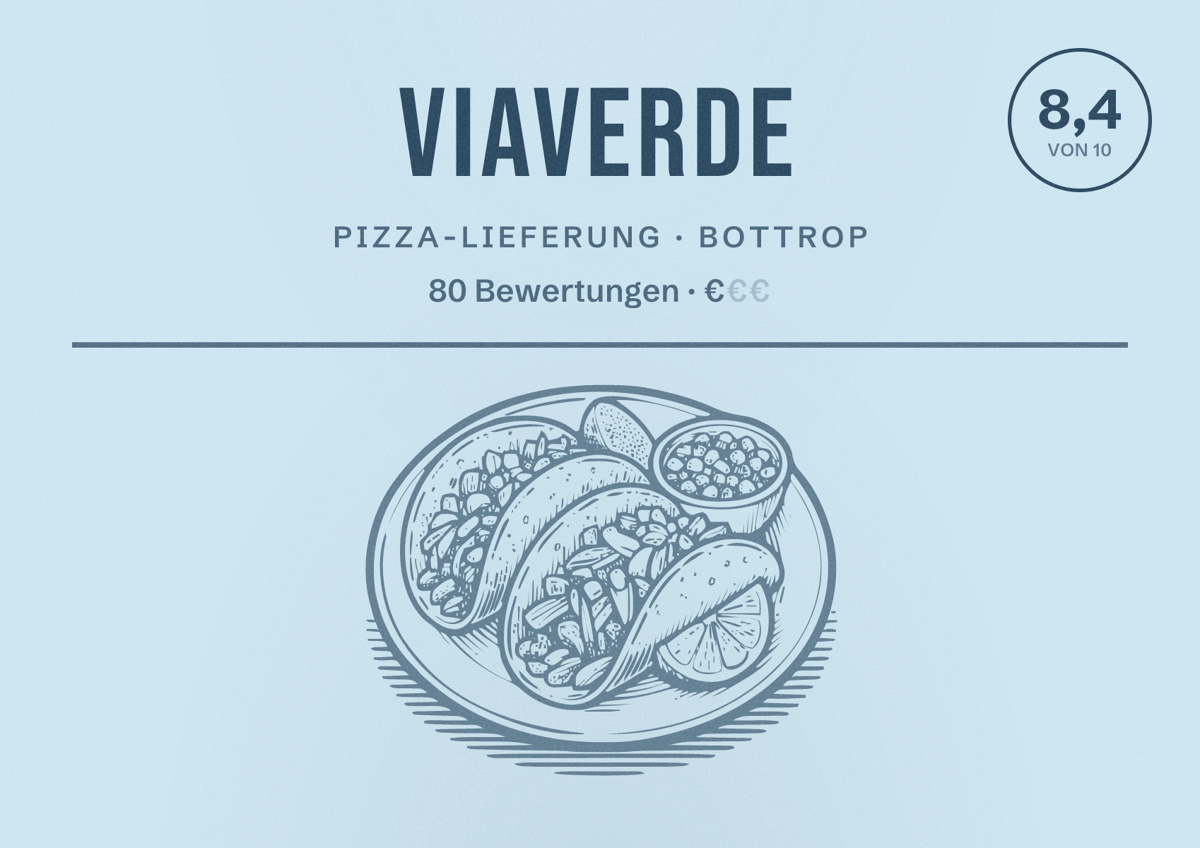 Illustriertes Poster von ViaVerde, Pizza-Lieferung in Bottrop: Bewertung 8,4 von 10 aus 80 Bewertungen, Preisniveau €