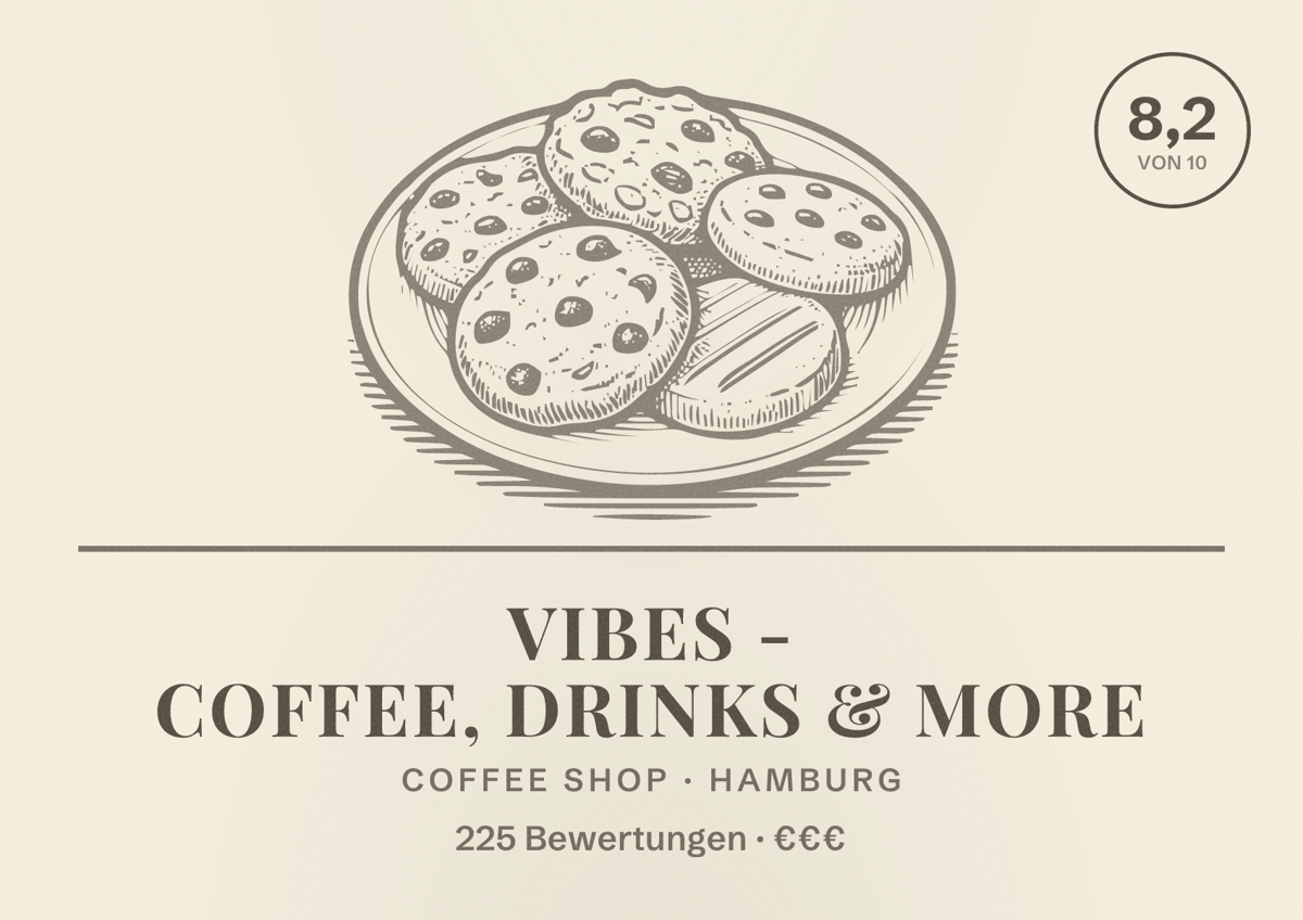 Illustriertes Poster von VIBES - coffee, drinks & more, Coffee Shop in Hamburg: Bewertung 8,2 von 10 aus 225 Bewertungen, Preisniveau €€€