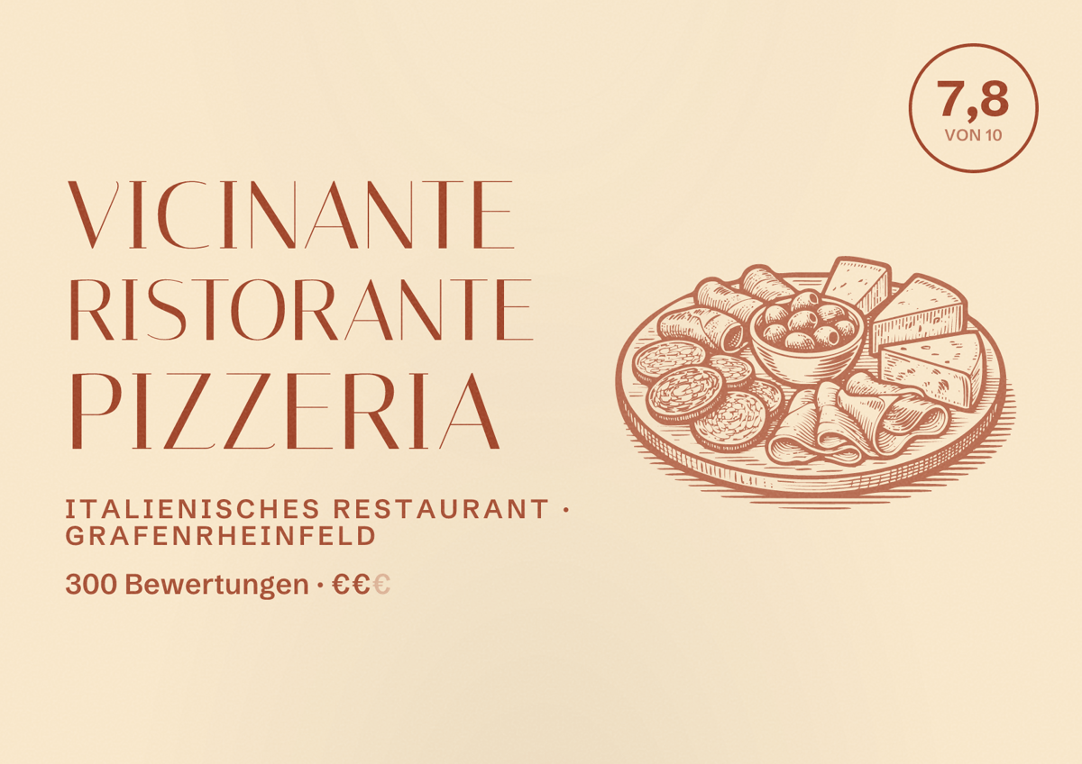 Illustriertes Poster von Vicinante Ristorante Pizzeria, Italienisches Restaurant in Grafenrheinfeld: Bewertung 7,8 von 10 aus 300 Bewertungen, Preisniveau €€