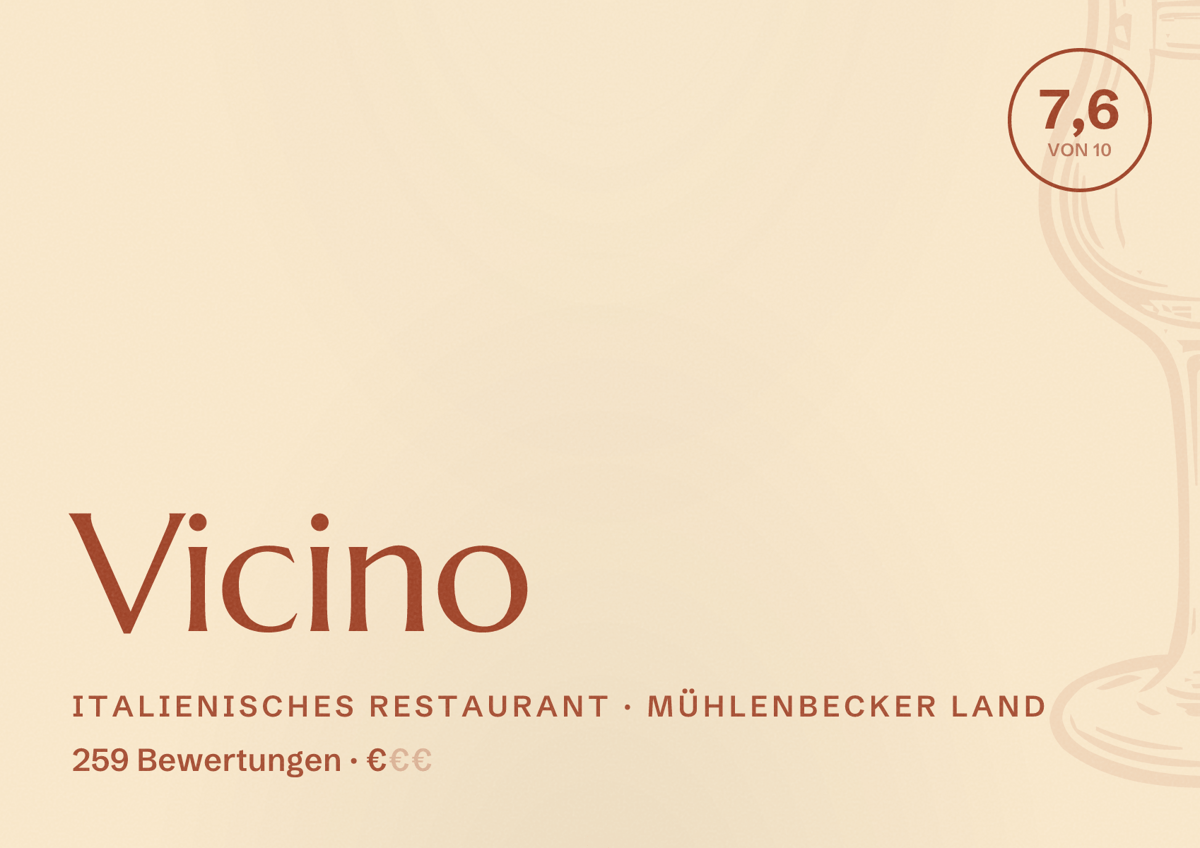 Illustriertes Poster von Vicino, Italienisches Restaurant in Mühlenbecker Land: Bewertung 7,6 von 10 aus 259 Bewertungen, Preisniveau €