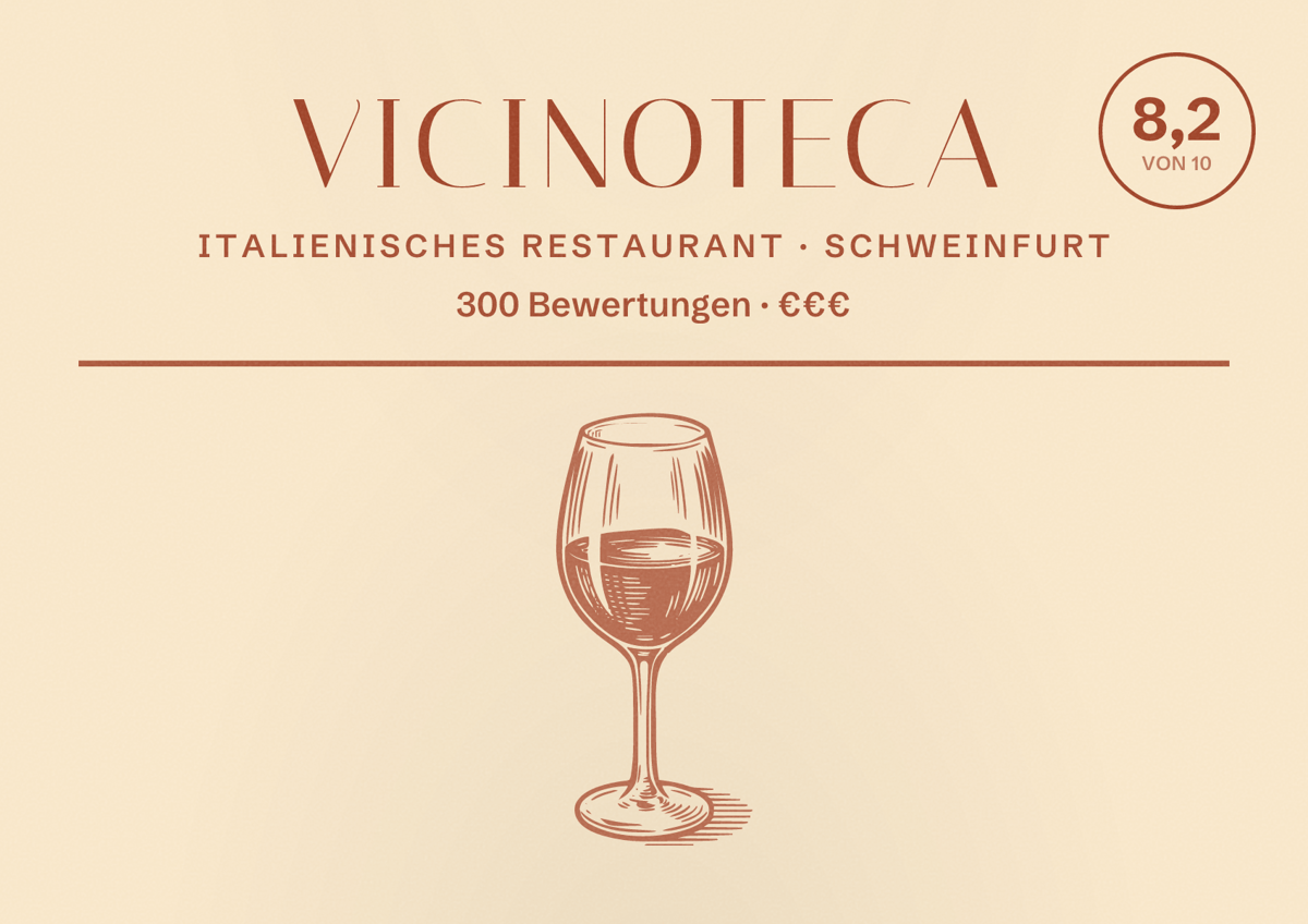 Illustriertes Poster von Vicinoteca, Italienisches Restaurant in Schweinfurt: Bewertung 8,2 von 10 aus 300 Bewertungen, Preisniveau €€€