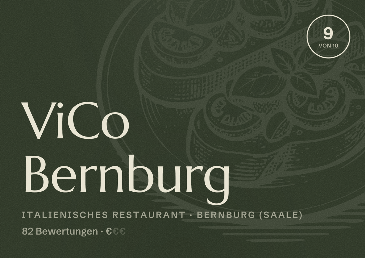 Illustriertes Poster von ViCo Bernburg, Italienisches Restaurant in Bernburg (Saale): Bewertung 9 von 10 aus 82 Bewertungen, Preisniveau €