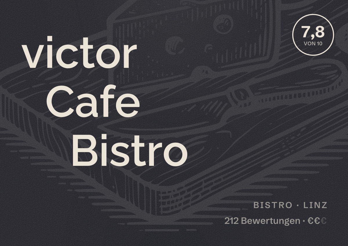 Illustriertes Poster von victor Cafe Bistro, Bistro in Linz: Bewertung 7,8 von 10 aus 212 Bewertungen, Preisniveau €€