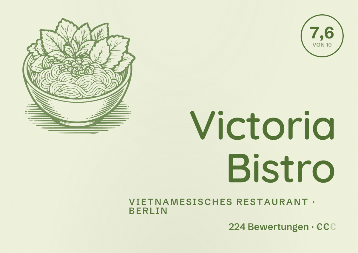 Illustriertes Poster von Victoria Bistro, Vietnamesisches Restaurant in Berlin: Bewertung 7,6 von 10 aus 224 Bewertungen, Preisniveau €€