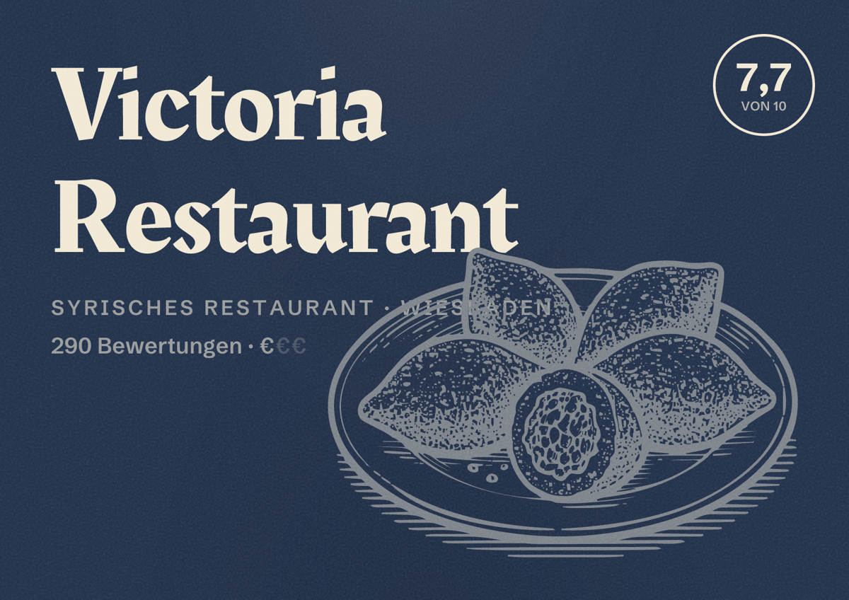 Illustriertes Poster von Victoria Restaurant, Syrisches Restaurant in Wiesbaden: Bewertung 7,7 von 10 aus 290 Bewertungen, Preisniveau €