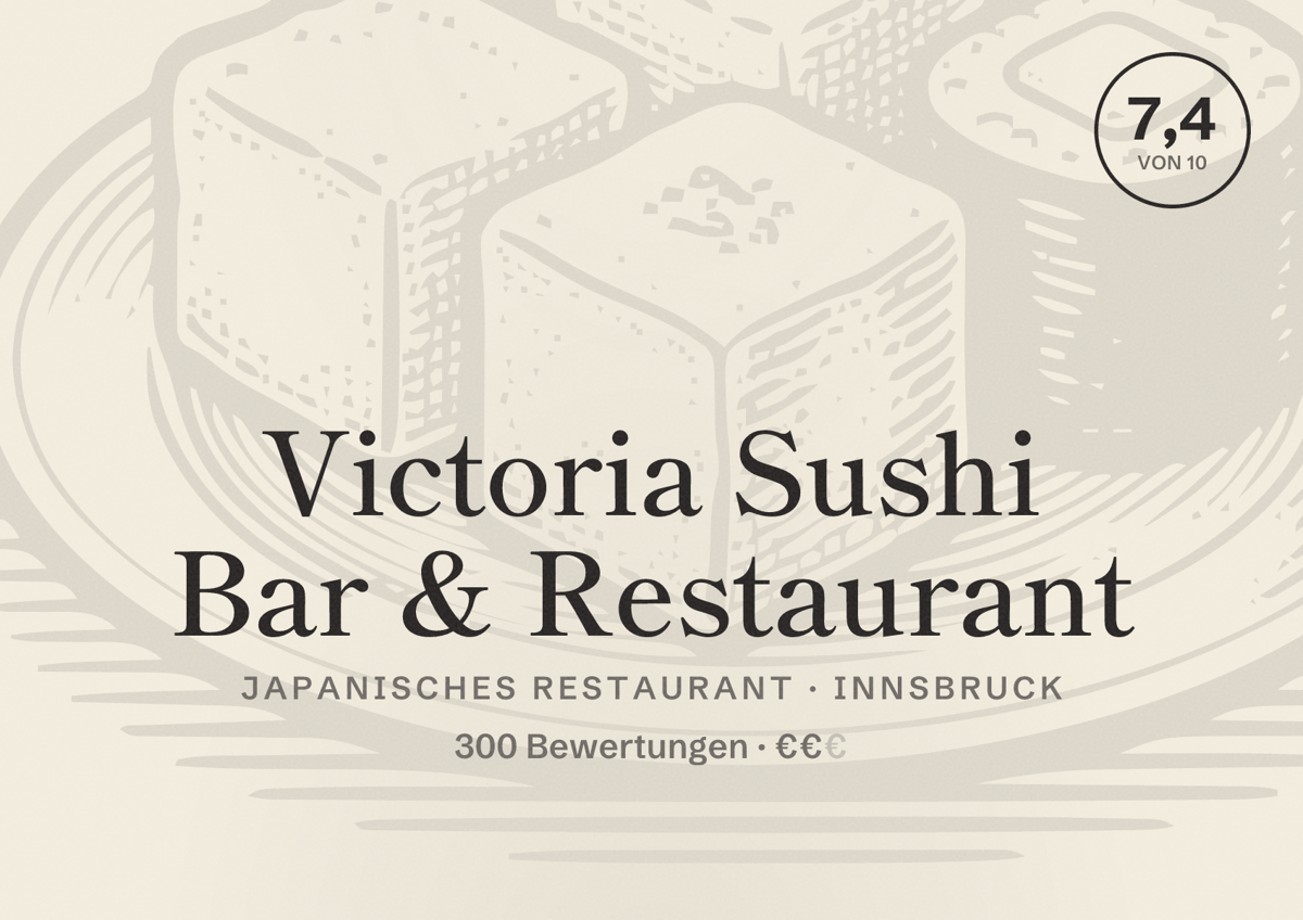 Illustriertes Poster von Victoria Sushi Bar & Restaurant, Japanisches Restaurant in Innsbruck: Bewertung 7,4 von 10 aus 300 Bewertungen, Preisniveau €€