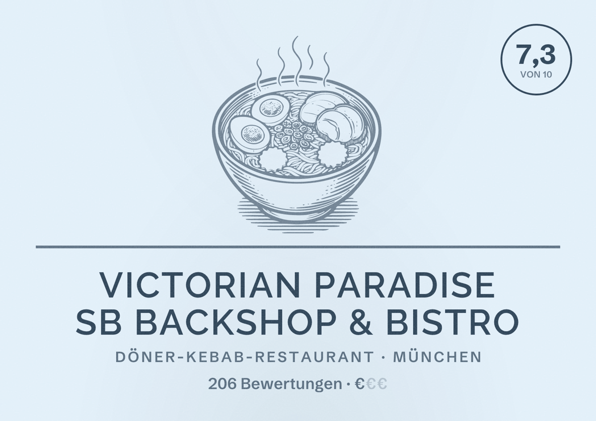 Illustriertes Poster von Victorian Paradise SB Backshop & Bistro, Döner-Kebab-Restaurant in München: Bewertung 7,3 von 10 aus 206 Bewertungen, Preisniveau €