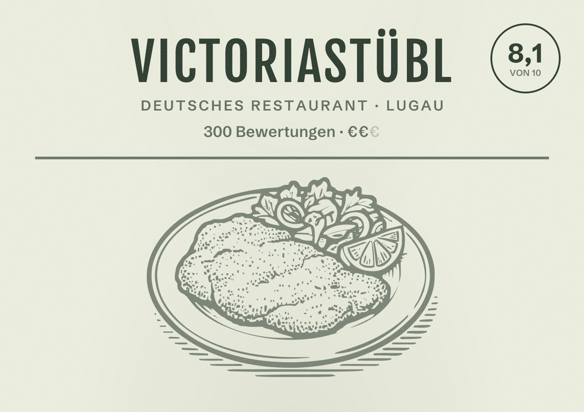 Illustriertes Poster von Victoriastübl, Deutsches Restaurant in Lugau: Bewertung 8,1 von 10 aus 300 Bewertungen, Preisniveau €€
