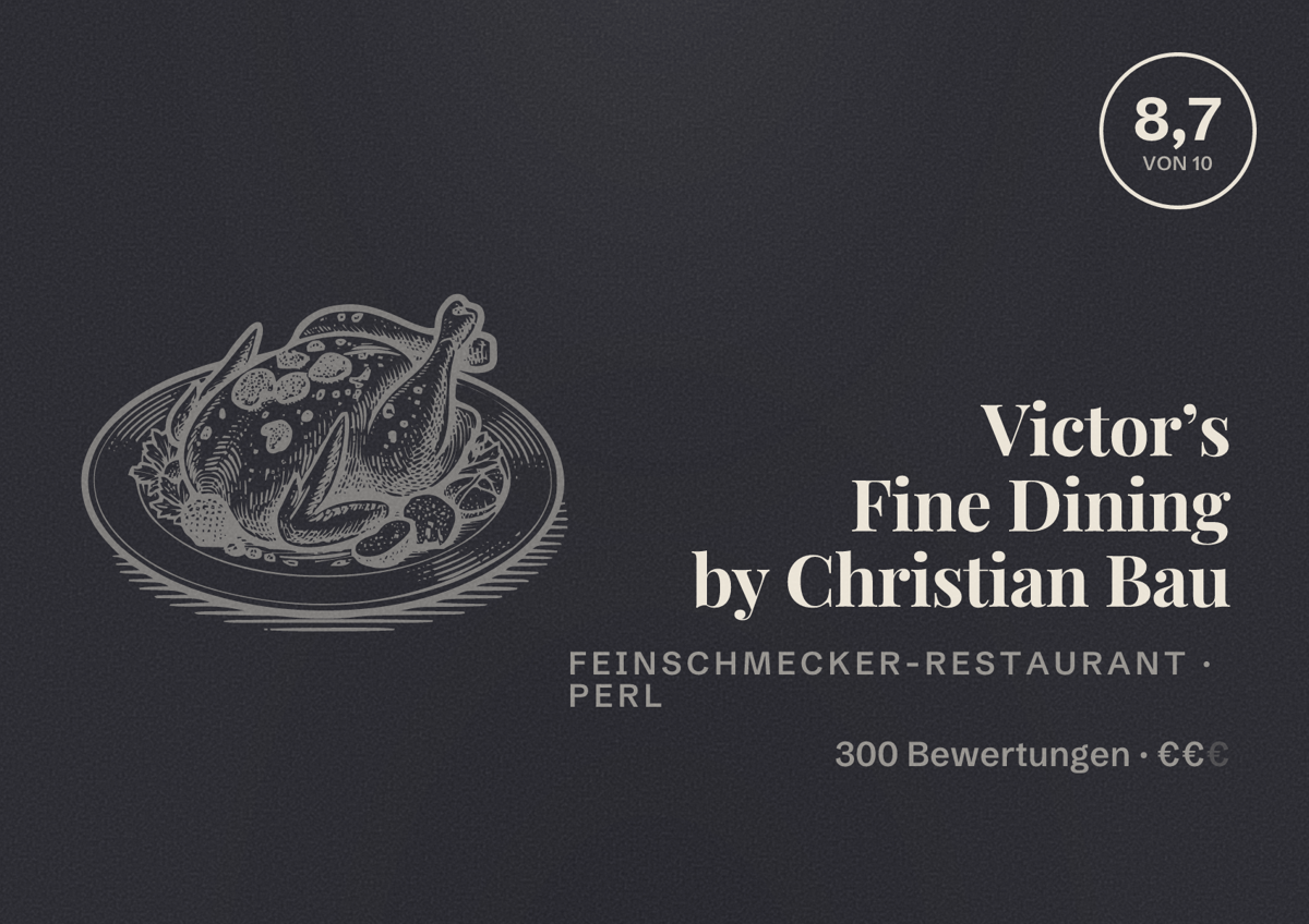 Illustriertes Poster von Victor’s Fine Dining by Christian Bau, Feinschmecker-Restaurant in Perl: Bewertung 8,7 von 10 aus 300 Bewertungen, Preisniveau €€