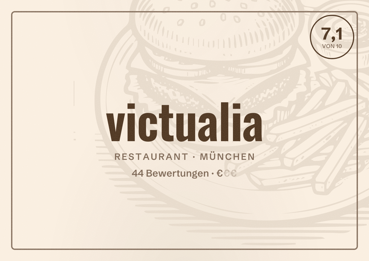 Illustriertes Poster von victualia, Restaurant in München: Bewertung 7,1 von 10 aus 44 Bewertungen, Preisniveau €