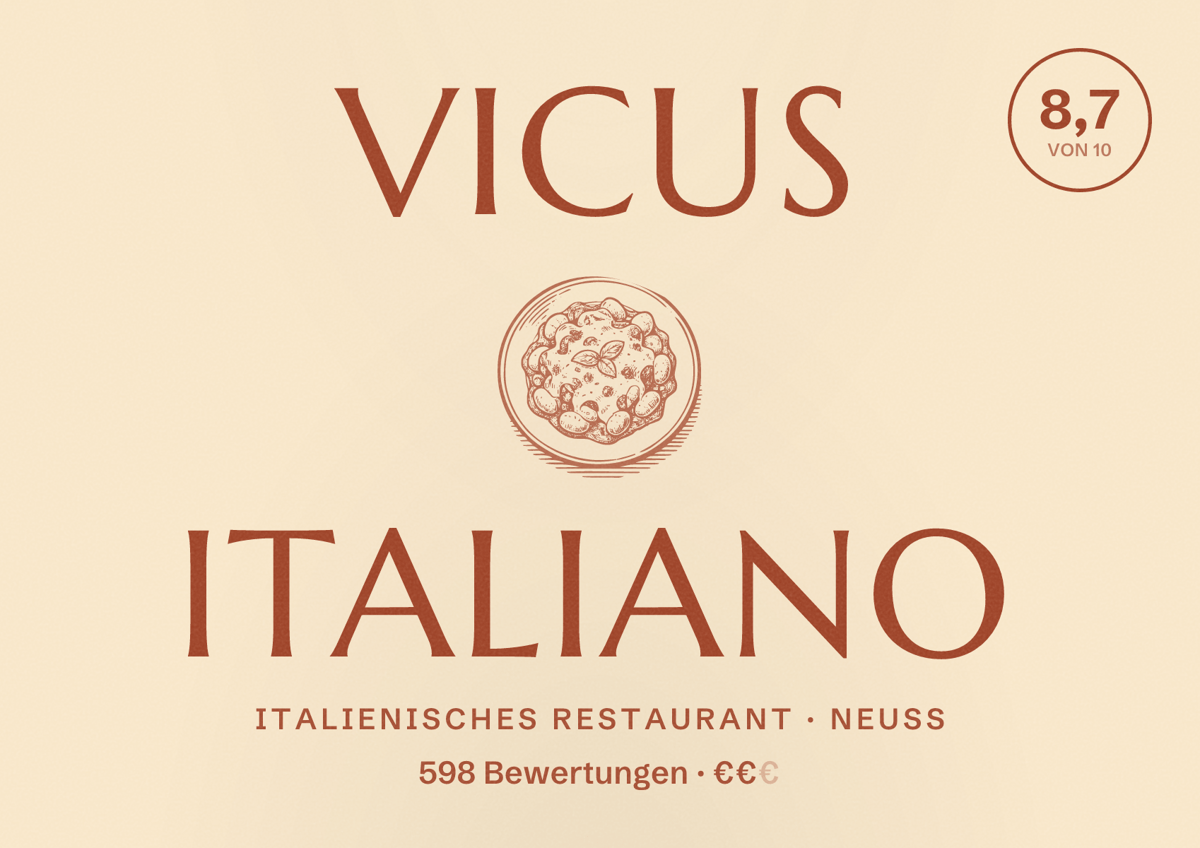 Illustriertes Poster von VICUS Italiano, Italienisches Restaurant in Neuss: Bewertung 8,7 von 10 aus 598 Bewertungen, Preisniveau €€
