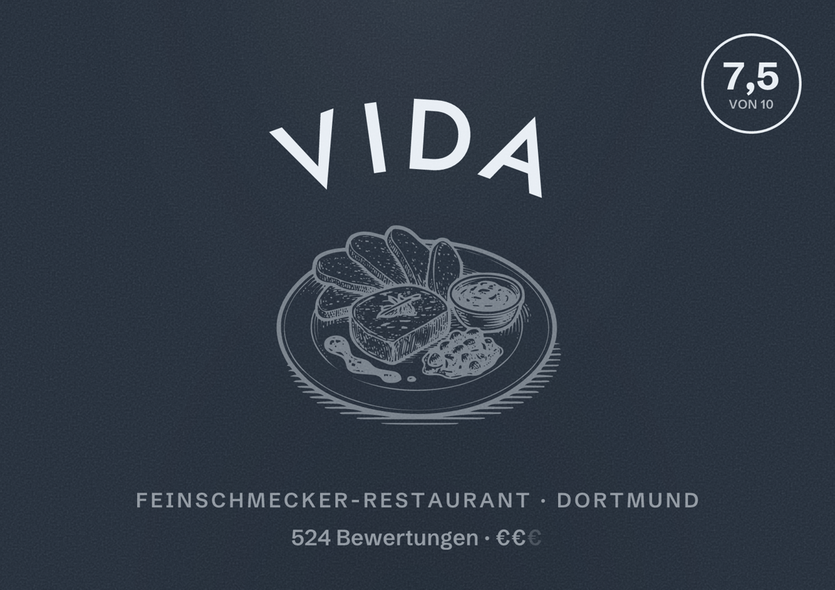 Illustriertes Poster von Vida, Feinschmecker-Restaurant in Dortmund: Bewertung 7,5 von 10 aus 524 Bewertungen, Preisniveau €€