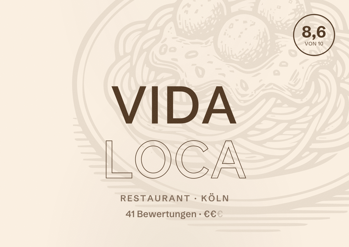 Illustriertes Poster von Vida Loca, Restaurant in Köln: Bewertung 8,6 von 10 aus 41 Bewertungen, Preisniveau €€
