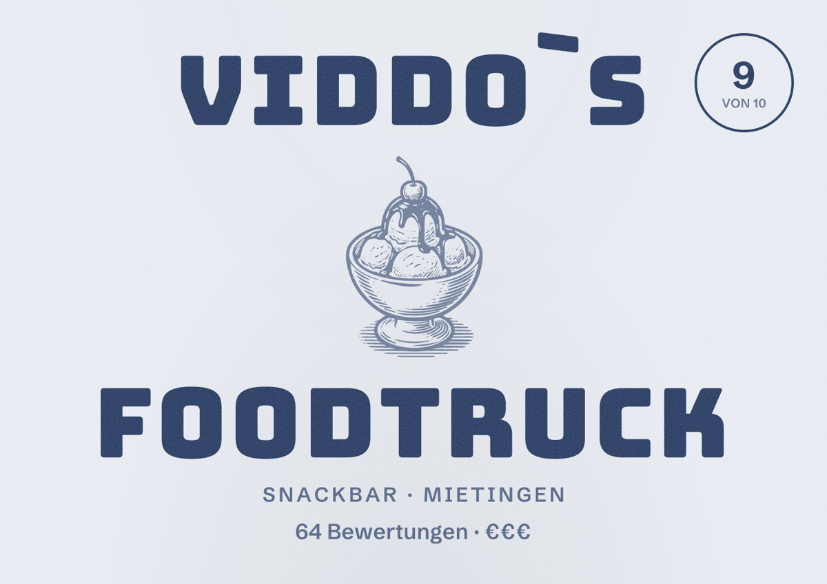 Illustriertes Poster von Viddo`s Foodtruck, Snackbar in Mietingen: Bewertung 9 von 10 aus 64 Bewertungen, Preisniveau €€€