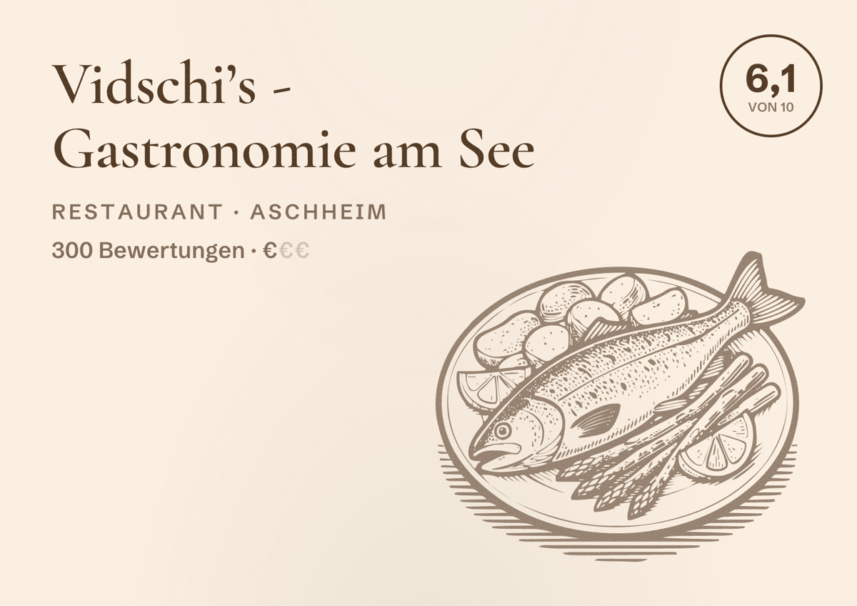 Illustriertes Poster von Vidschi’s - Gastronomie am See, Restaurant in Aschheim: Bewertung 6,1 von 10 aus 300 Bewertungen, Preisniveau €