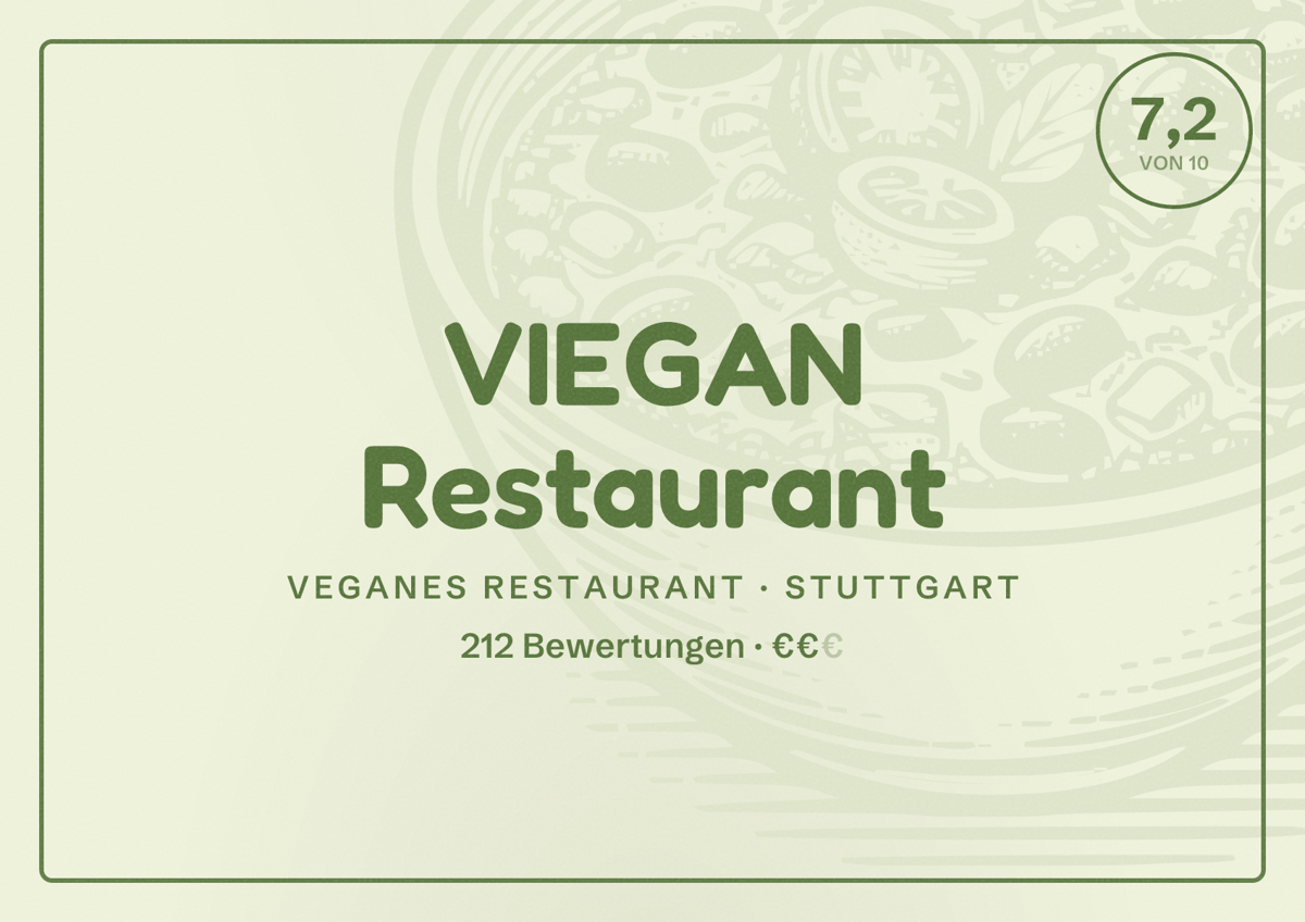 Illustriertes Poster von VIEGAN Restaurant, Veganes Restaurant in Stuttgart: Bewertung 7,2 von 10 aus 212 Bewertungen, Preisniveau €€
